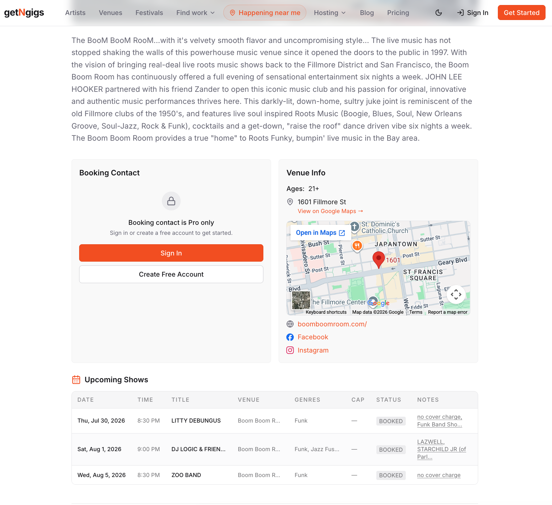 The getNgigs venue profile for The Boom Boom Room showing the Upcoming Shows calendar with booked dates, set times, genres, and status tags